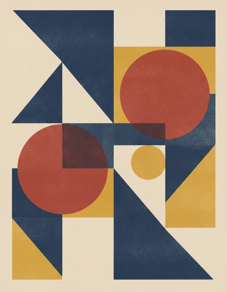 An abstract Bauhaus poster composition with bold circles, triangles, and grids in muted brick red, mustard, navy, and off-white.