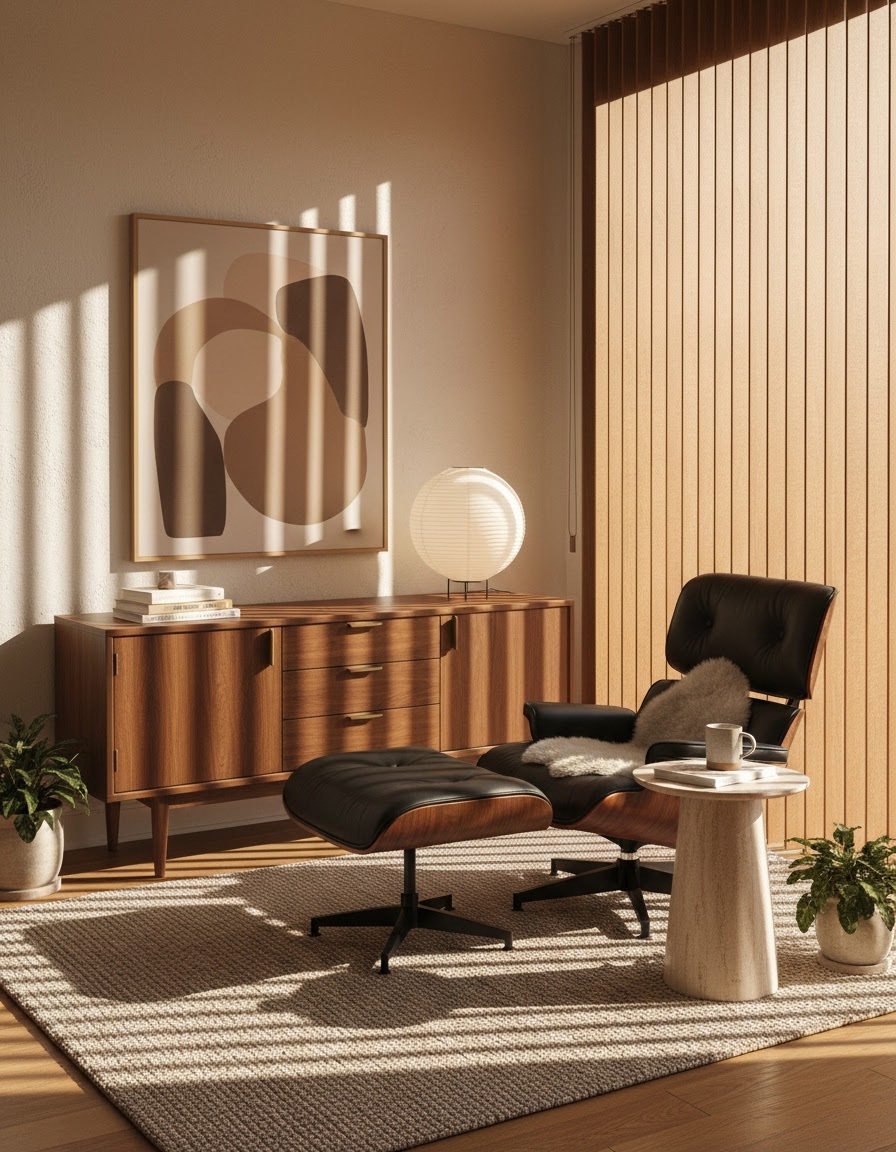 Example output: a mid-century modern reading nook with a walnut credenza, Eames lounge chair, and Noguchi paper lantern. Run this with your own room photo + input_image_url.