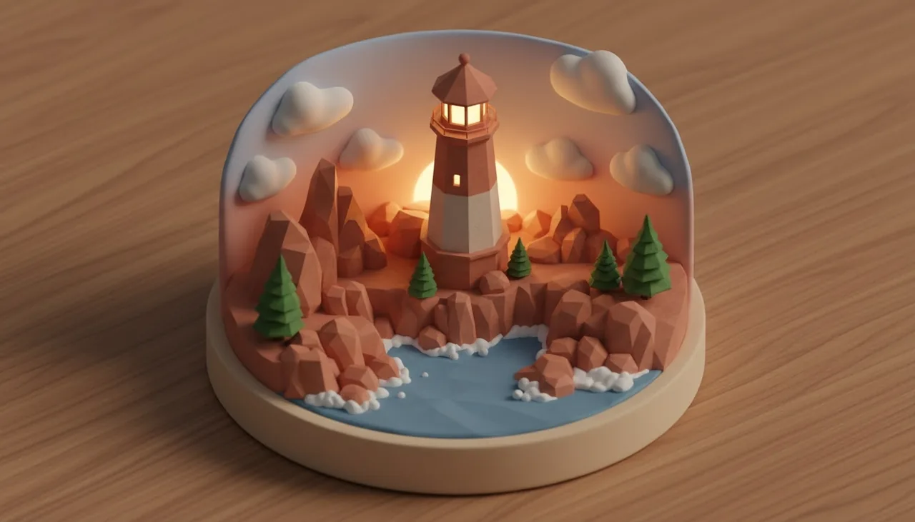 Isometric 3D style example: Low-poly clay diorama, soft studio lighting.
